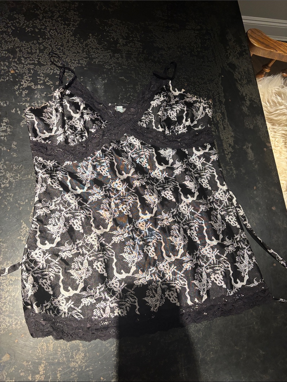 Kismet Black and White Lace-Trim Floral Chemise